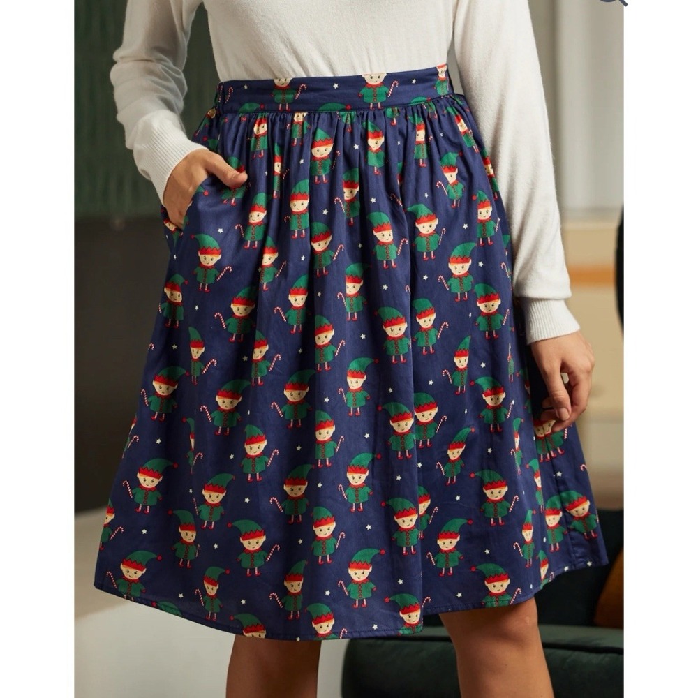 ModCloth Holiday Navy Elf‎ With Candycane Retro Full Skirt Pockets Size Small - Picture 10 of 10